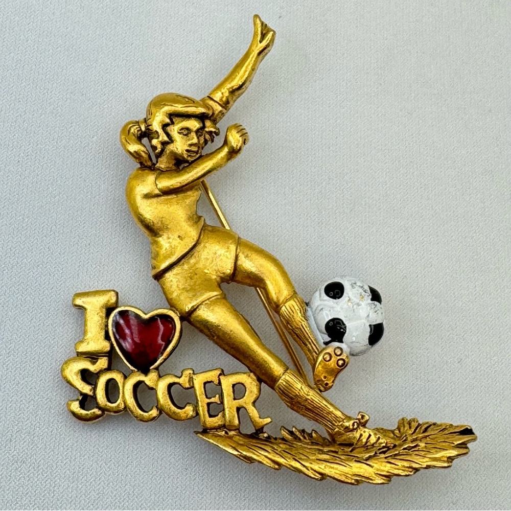 Danecraft Girl Soccer Player Brooch I Love Soccer Gold Pin Statement Athletic